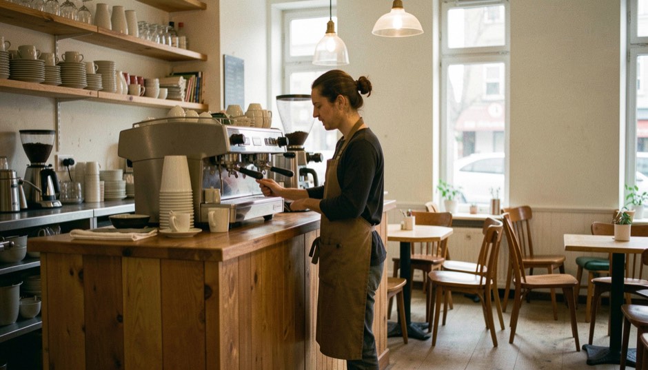 A cafe owner in an apron working at an espresso machine behind a wooden counter, cups stacked on open shelves, empty tables and wooden chairs by tall windows, pendant lamps lit