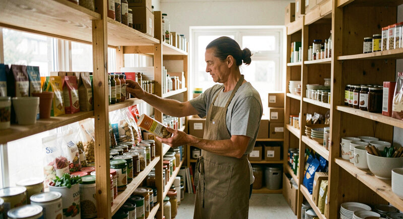 A shop owner in an apron arranging stock on wooden shelves in a tidy small store.